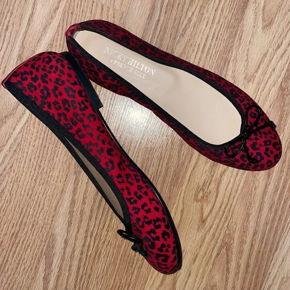 NICKY HILTON x FRENCH SOLE Red Black Animal Print Ballet Flats Leather Sz 7 - Picture 10 of 10
